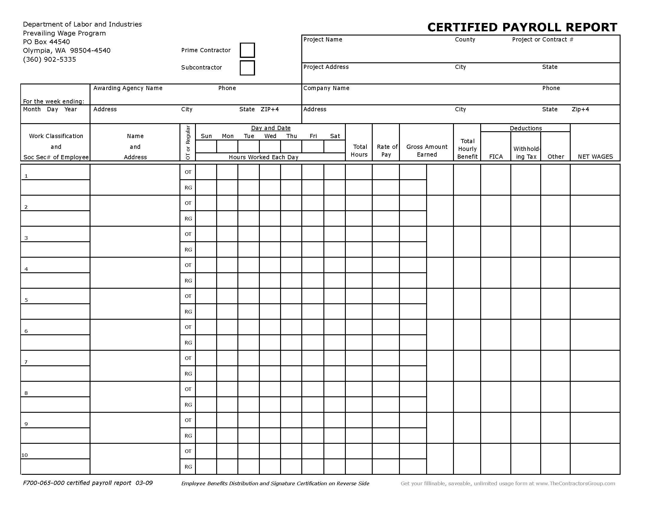 F700 065 000 Washington Certified Payroll Report Form