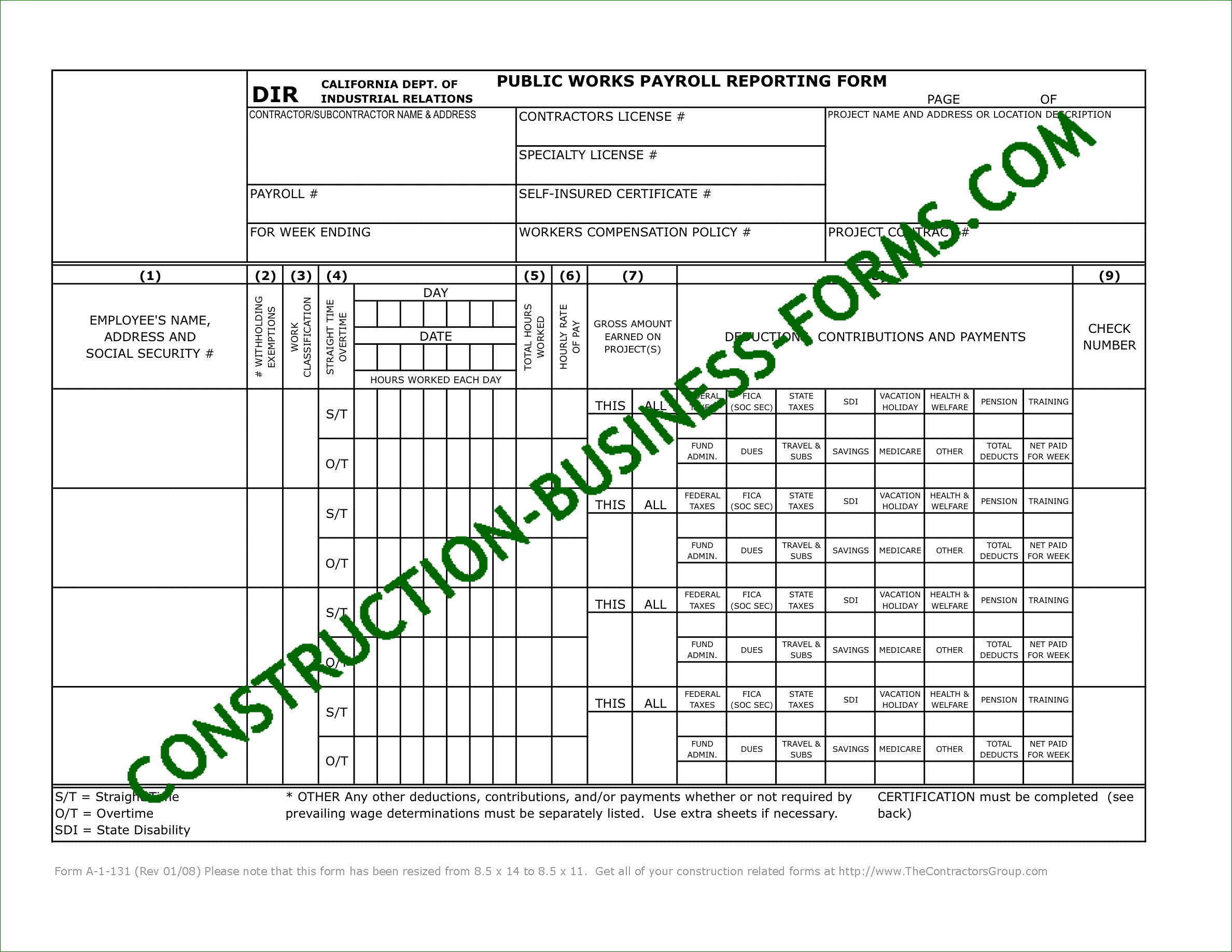 Image of the A-1-131 California Public Works Payroll Reporting Form with Autofill Fields available at www.Construction-Business-Forms.com