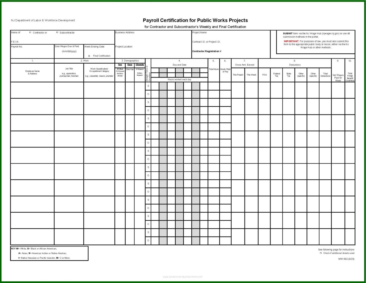MW-562 Certified Payroll Form (and other certified payroll forms)